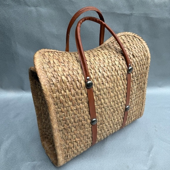 Raffia Straw Tote Bag Mexican Boho Bag Purse Beach Bag Tote w Leather Accent - Picture 3 of 5